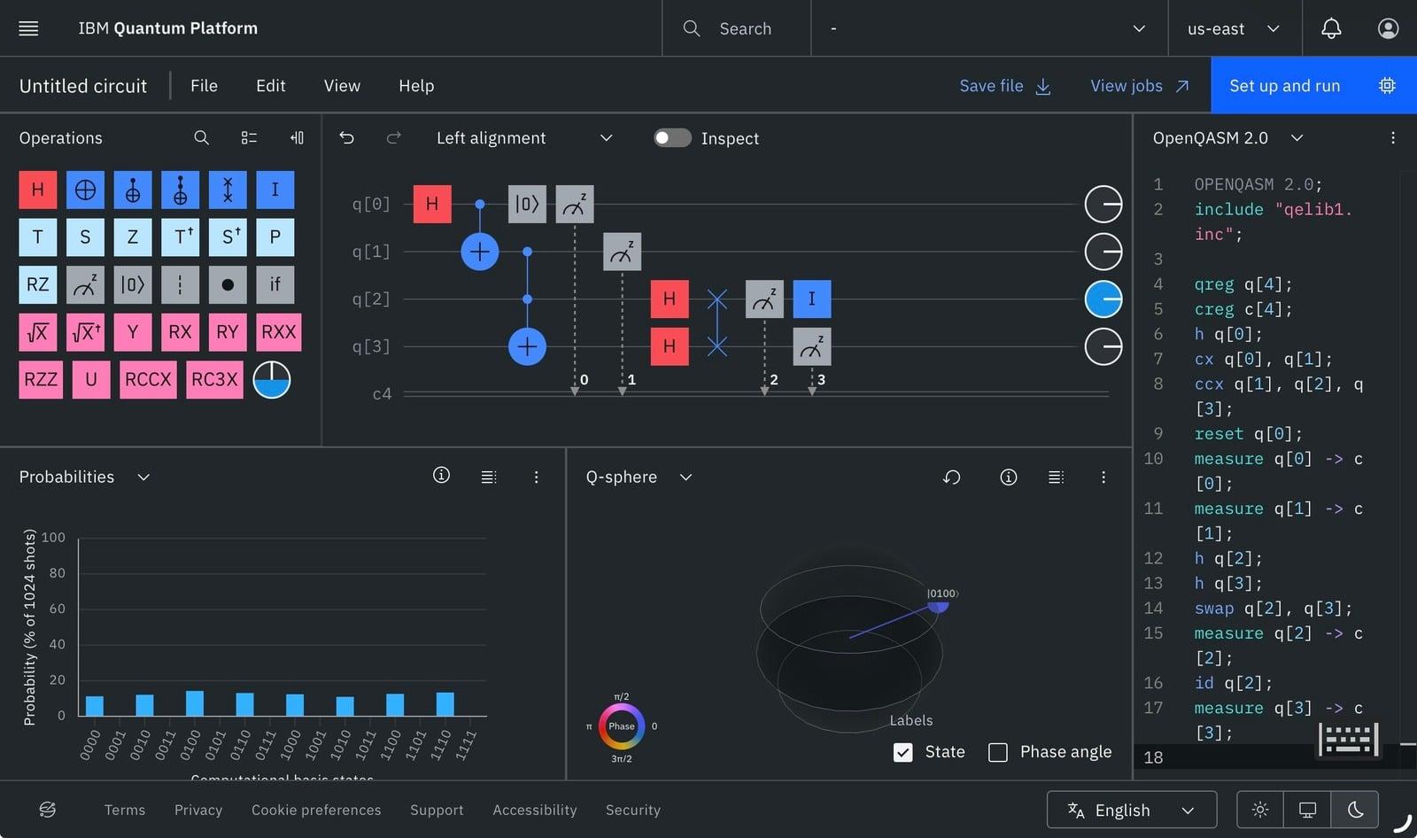 Quantum computing interface showing circuit tools and results